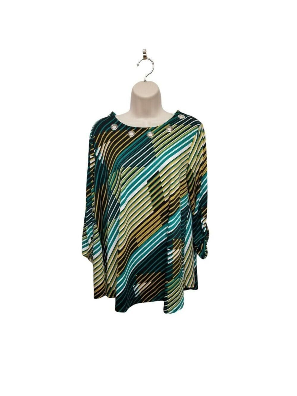 East 1946 Women's Size L Striped Tunic Blouse 3/4 Sleeve Stretch